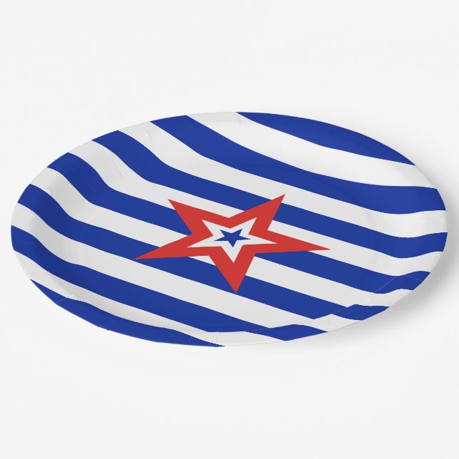 Assiettes En Carton Étoile patriotique américaine sur les rayures bleu (Angle)