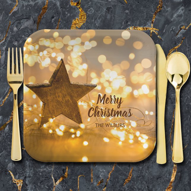 Assiettes En Carton Étoile rustique et lumières de Noël (Rustic Star and Christmas Lights Square Paper Plates - 7" or 9")