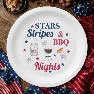 Assiettes En Carton Étoiles, bandes & Nuits de barbecue - Fête patriot