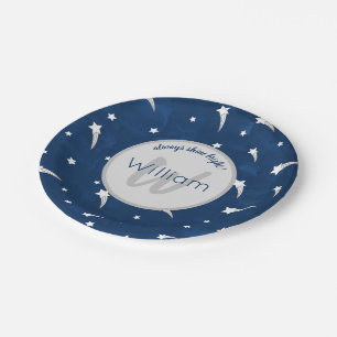 Assiettes En Carton Etoiles Bleu Aquarelle Monogramme Bébé Garçon Anni