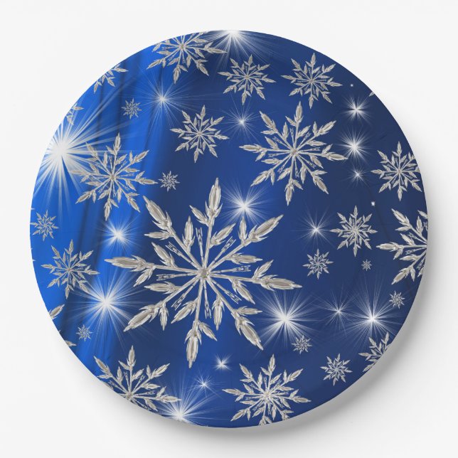 Assiettes En Carton Étoiles bleues de Noël avec le cristal de glace (Devant)