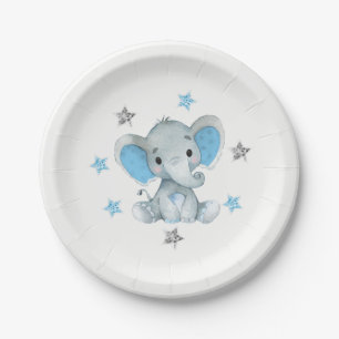 Assiettes En Carton Etoiles bleues, Plaque éléphante 4 Baby shower,