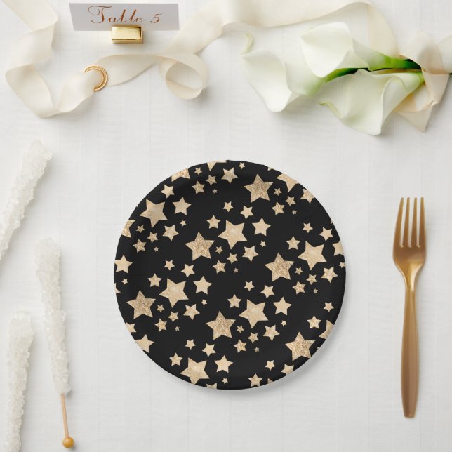 Assiettes En Carton Etoiles brillantes or Joyeux Noël Fête Noir (Mariage)