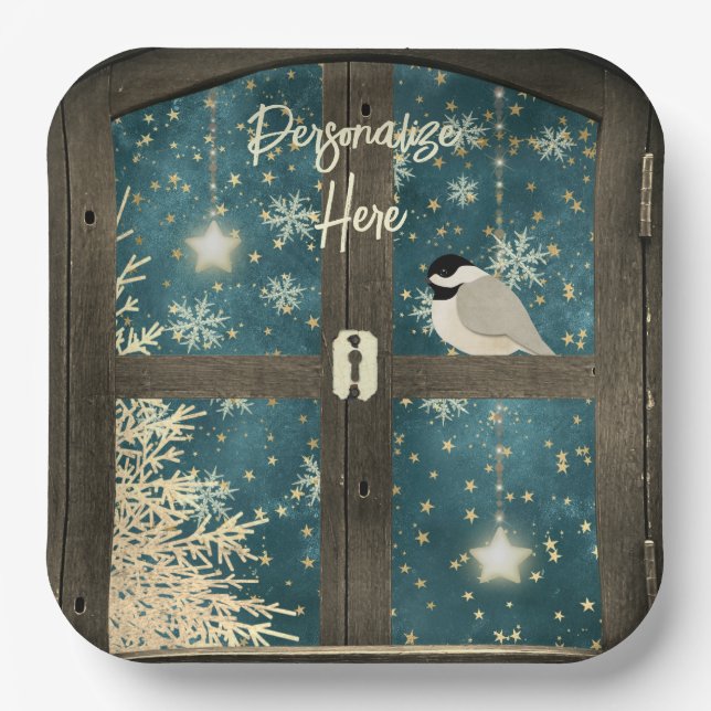 Assiettes En Carton Étoiles de fenêtre rustiques cabine hiver, flocons (Recto)