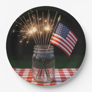 Assiettes En Carton Étoiles de feu du 14 juillet avec drapeau américai