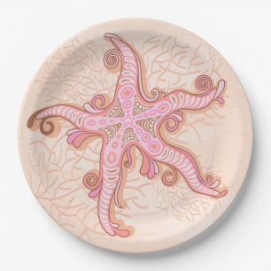 Assiettes En Carton Étoiles de mer et motif pastel rose corail