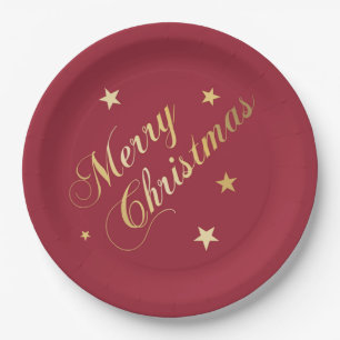 Assiettes En Carton Étoiles de Noël Serviettes Vin Rouge Or