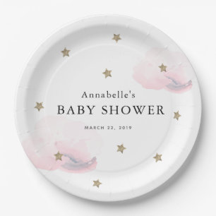 Assiettes En Carton Etoiles d'or et Baby shower de nuages roses