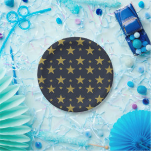 Assiettes En Carton Étoiles dorées sur fond bleu marine – Élégant et i