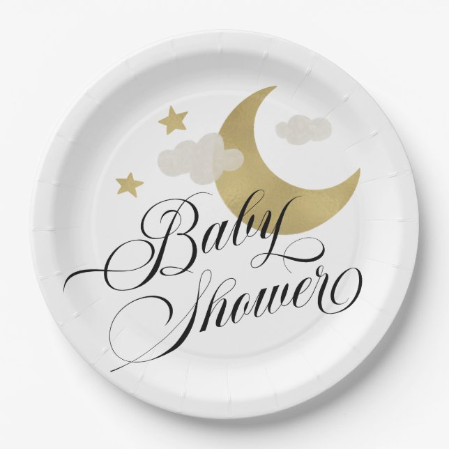 Assiettes En Carton Étoiles et nuages de la Lune Baby shower (Devant)