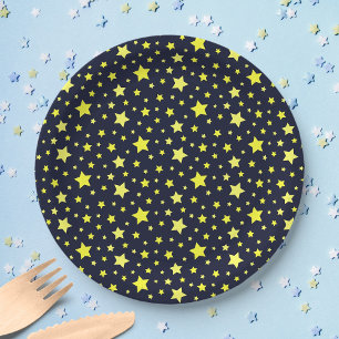 Assiettes En Carton Etoiles jaunes et Motif bleu foncé