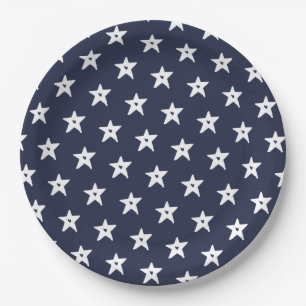 Assiettes En Carton Étoiles Patriotique Bleues et Blancs avec Coeurs