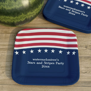 Assiettes En Carton Étoiles patriotiques rayures Rouge Blanc Bleu Carr