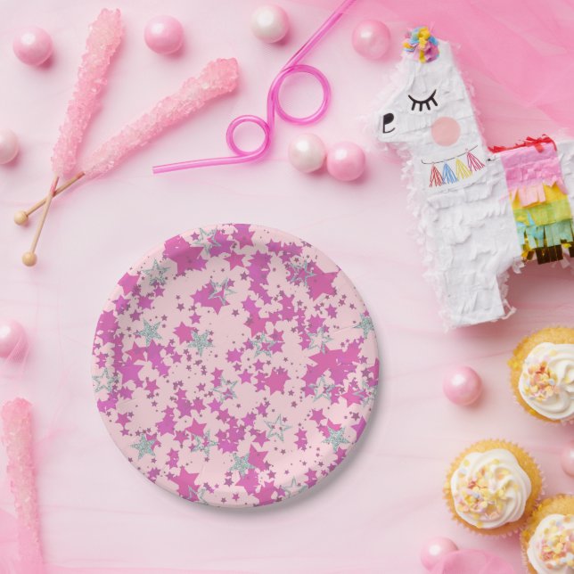 Assiettes En Carton étoiles roses en argent rose (Fête)