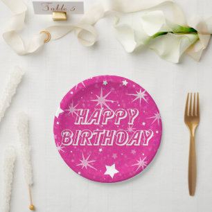 Assiettes En Carton Étoiles scintillantes rose vif Joyeux Anniversaire