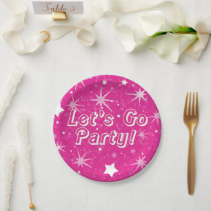 Assiettes En Carton Étoiles scintillantes rose vif Joyeux Anniversaire