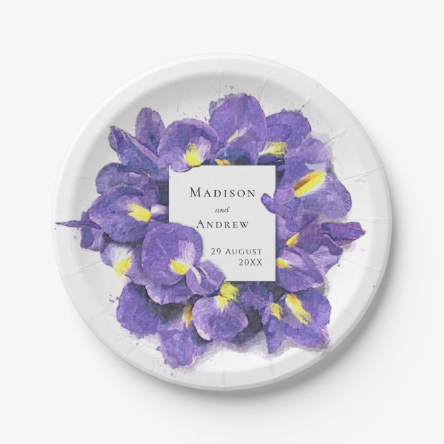 Assiettes En Carton Étonnant violet Irises Aquarelle Floral Mariage (Devant)