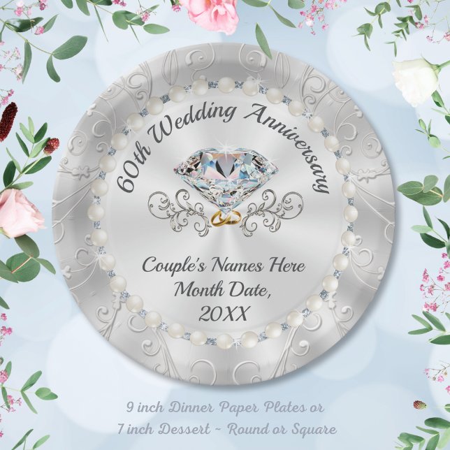 Assiettes En Carton Étonnante, Plaques de papier diamant, PERSONNALISÉ (60th anniversary plates. Gorgeous and Elegant, diamond anniversary paper plates. 60 year anniversary)