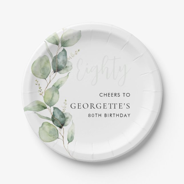 Assiettes En Carton Eucalyptus 80e anniversaire Aquarelle Foliage (Devant)