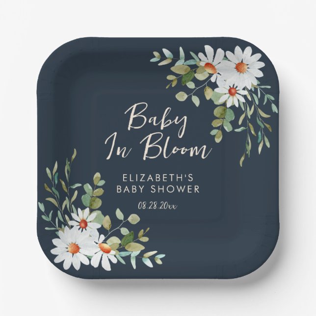 Assiettes En Carton Eucalyptus & Baby shower bleu marine (Recto)