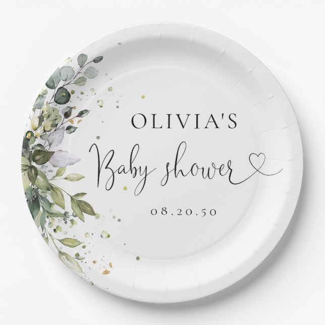 Assiettes En Carton Eucalyptus Baby shower de verdure fleurie (Devant)