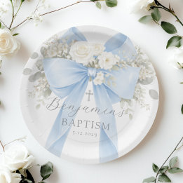 Assiettes En Carton Eucalyptus Blue Bow Baby Boy Baptism