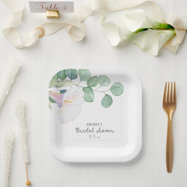 Assiettes En Carton Eucalyptus et fleur de calla - douche nuptiale (Mariage)