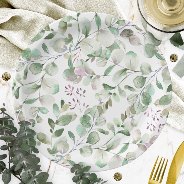 Assiettes En Carton Eucalyptus Fête des mariées d'aquarelle verte (Créateur téléchargé)