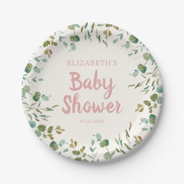 Assiettes En Carton Eucalyptus Feuille Baby shower fille (Devant)