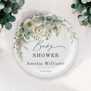 Assiettes En Carton Eucalyptus Fleur Aquarelle Vert Or