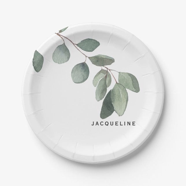 Assiettes En Carton Eucalyptus Foliage Nom personnalisé Moderne (Devant)