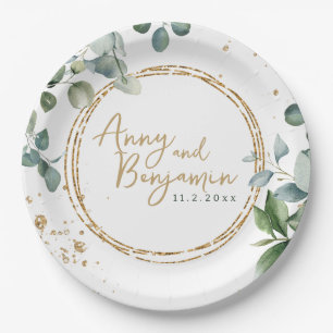 Assiettes En Carton Eucalyptus Gold Parties scintillant - Green Mariag