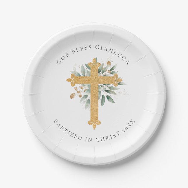 Assiettes En Carton Eucalyptus Green & Gold Cross Baptism Party (Devant)