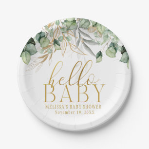 Assiettes En Carton Eucalyptus Green Leaf & Gold Hello Baby
