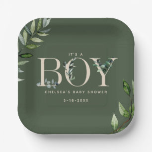 Assiettes En Carton Eucalyptus Lettering Green Boy Baby shower