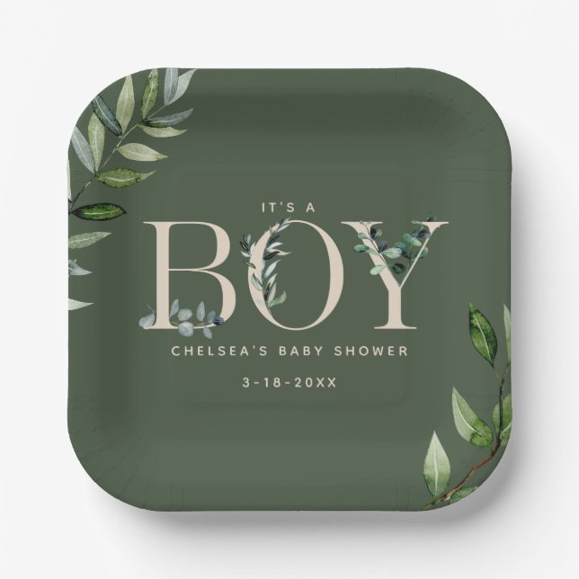 Assiettes En Carton Eucalyptus Lettering Green Boy Baby shower (Recto)