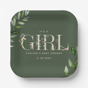 Assiettes En Carton Eucalyptus Lettering Green Girl Baby shower