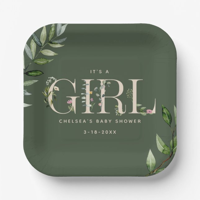Assiettes En Carton Eucalyptus Lettering Green Girl Baby shower (Recto)