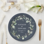 Assiettes En Carton Eucalyptus mariage bleu botanique<br><div class="desc">Aquarelle eucalyptus botanique marine bleu feuillage mariage faveur décoration de fête plaques en papier. Partie d'une suite mariage complète</div>