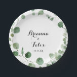 Assiettes En Carton Eucalyptus Moderne Calligraphie Mariage Gâteau<br><div class="desc">Cette plaque en papier mariage de calligraphie moderne eucalyptus est parfaite pour une simple réception de mariage. L'aménagement comprend des branches et des feuilles d'eucalyptus botaniques élégants dessinés à la main dans des aquarelles. Faites-le vous-même en ajoutant les noms de la mariée, du marié et de la date du mariage....</div>