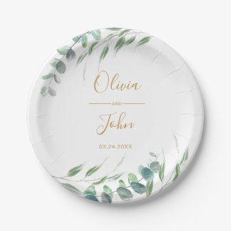 Assiettes En Carton Eucalyptus moderne Vert Aquarelle Or Nom