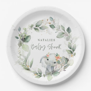 Assiettes En Carton eucalyptus sauge vert mignon baby shower d'éléphan