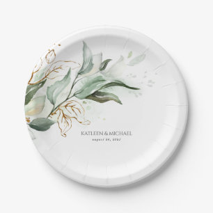 Assiettes En Carton Eucalyptus Verdure Aquarelle Mariage romantique