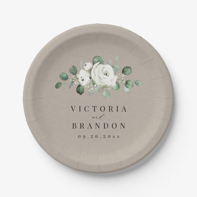 Assiettes En Carton Eucalyptus Verdure blanc floral rustique mariage (Devant)