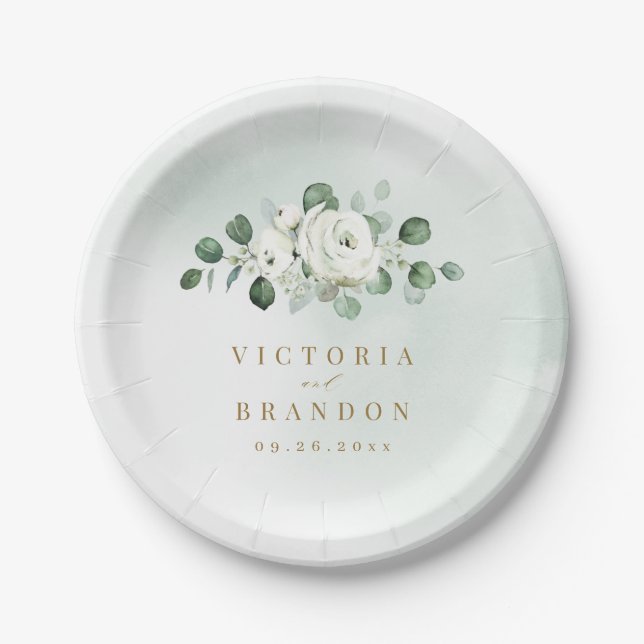 Assiettes En Carton Eucalyptus Verdure blanc floral rustique mariage (Devant)