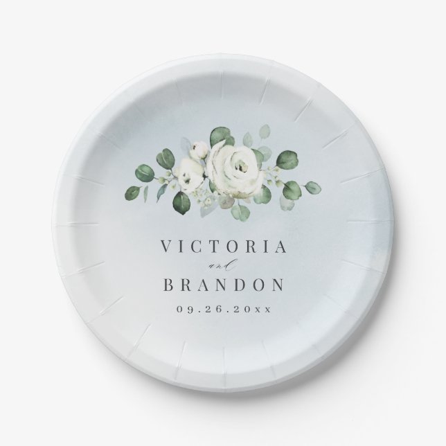 Assiettes En Carton Eucalyptus Verdure blanc floral rustique mariage (Devant)