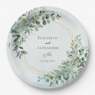 Assiettes En Carton Eucalyptus Verdure Géométrique Mariage élégant
