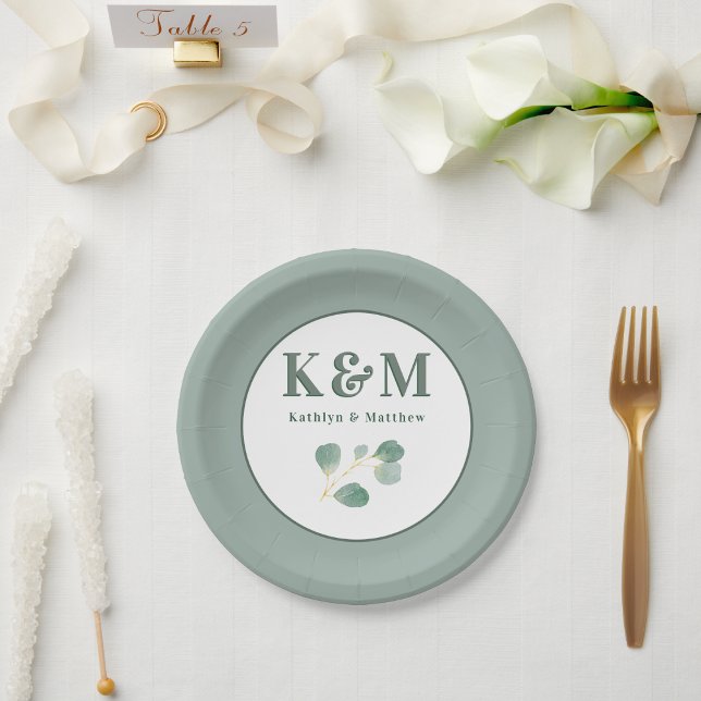 Assiettes En Carton Eucalyptus Verdure Moderne Mariage Monogramme (Créateur téléchargé)