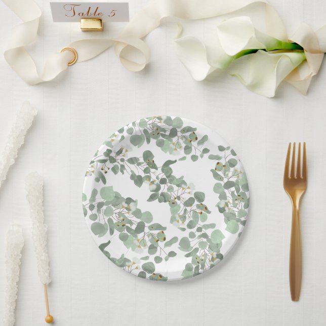 Assiettes En Carton Eucalyptus Vert Argent Dollar Gum Blossoms (Mariage)