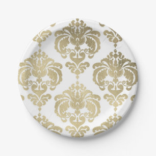 Assiettes En Carton Événement de mariage vintage damassé or clair et b